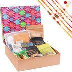 Jaiccha Ghasitaram Rakhi Gifts for Brothers Gourmet Medium Hamper Box of 7 Assortments with 5 Rakhis