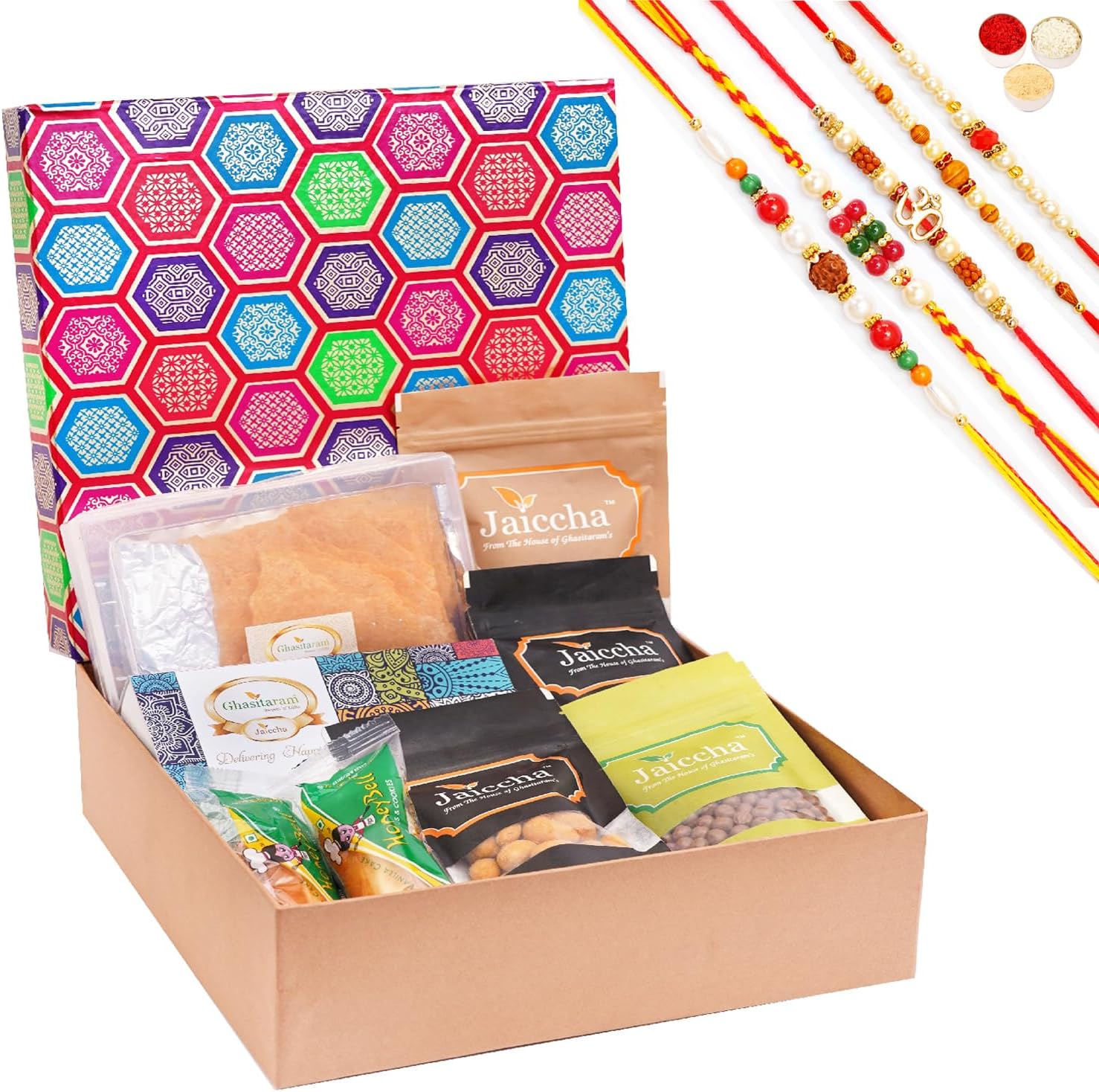 Jaiccha Ghasitaram Rakhi Gifts for Brothers Gourmet Medium Hamper Box of 7 Assortments with 5 Rakhis
