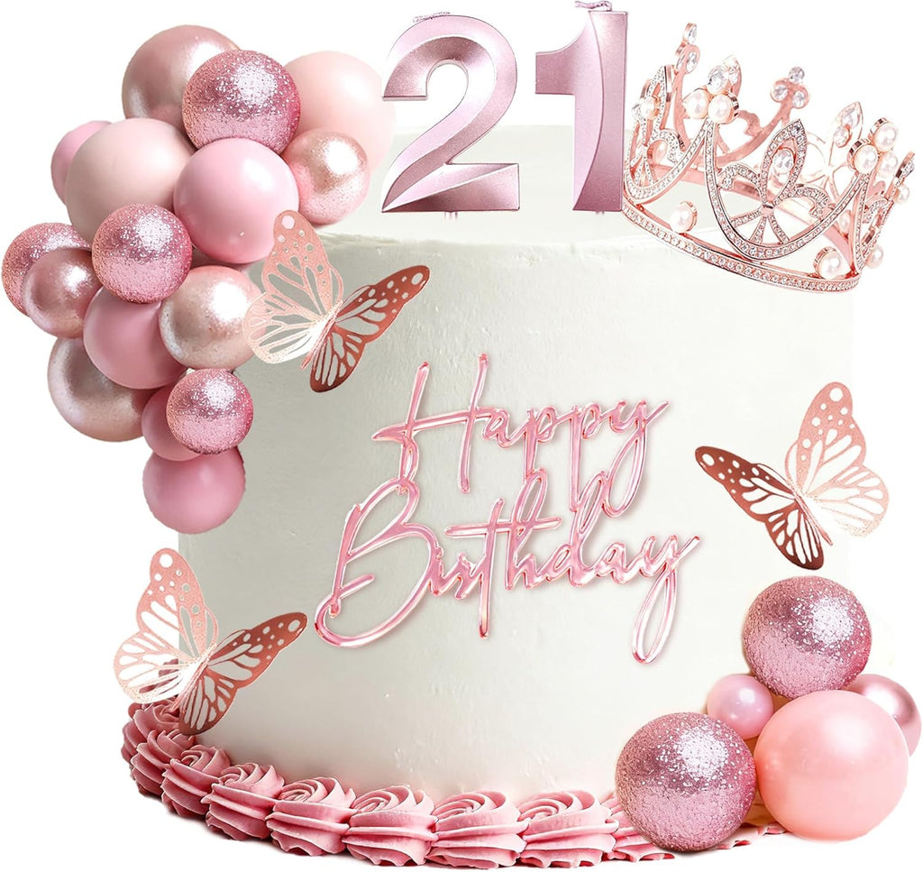 21st Birthday Cake Topper Set, Rose Gold Balls Cake Toppers with Happy Birthday Crown Tiara, Numeral 21 Candle and Birthday Candles for 21 Birthday Party Decorations (21st)