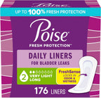 Poise Daily Liners, Incontinence Panty Liners for Bladder Leaks, 2 Drop Very Light Absorbency, Long Length, 176 Count of Pantiliners (4 Packs of 44), Packaging May Vary