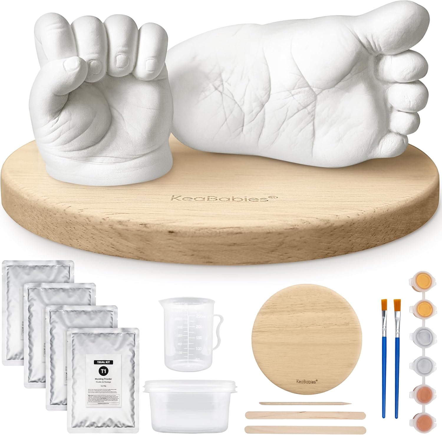 KeaBabies Baby Casting Kit Hands and Feet Mold - 3D Newborn Hand Casting Kit & Stylish Wood Base,Easy DIY Infant Foot Molds 0-9 Months,First Mothers Day & Baby Keepsake Shower Gifts(Round, Ash Wood)