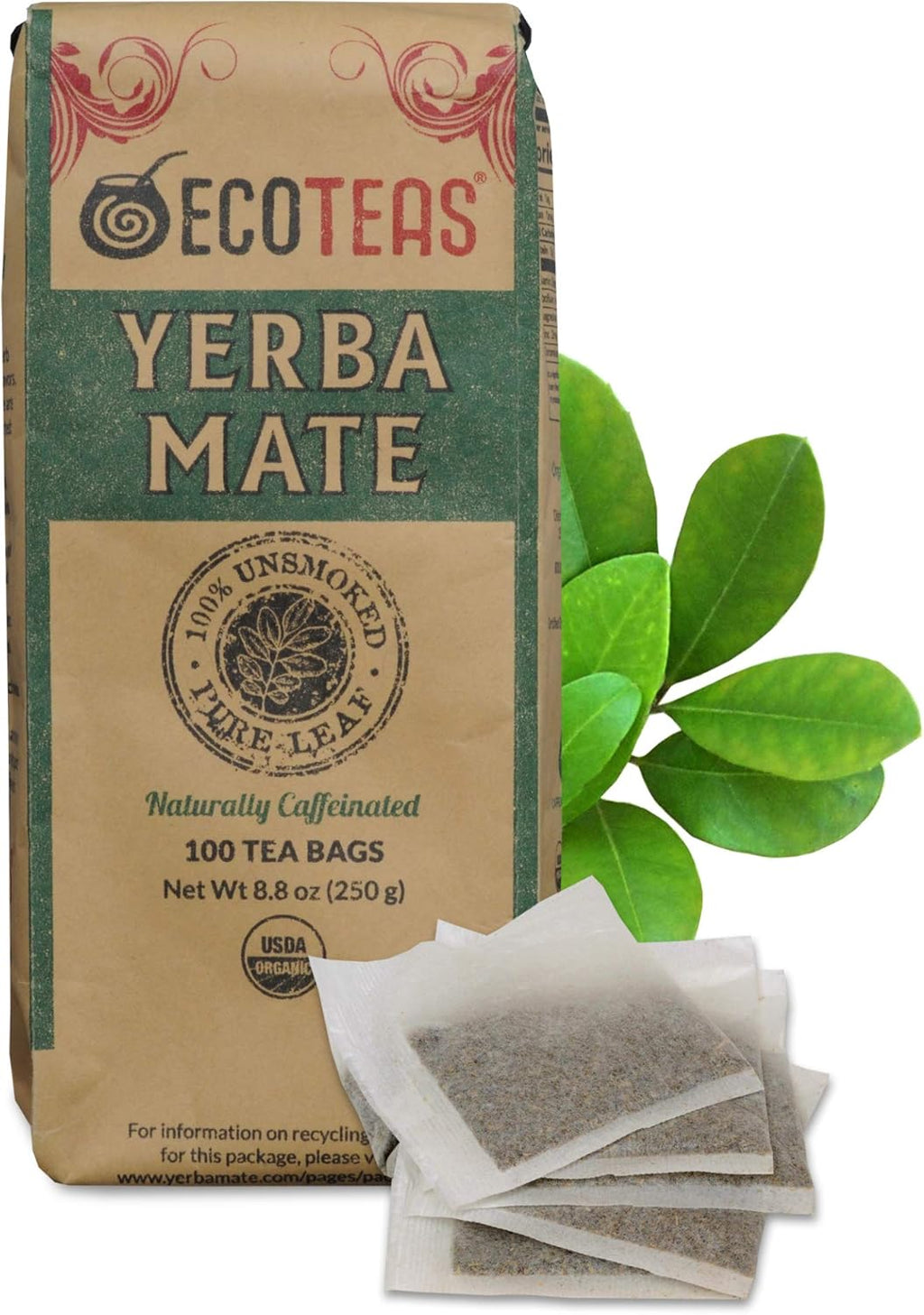 ECOTEAS Premium Organic Yerba Mate Tea Bags – Natural Energy & Detox Herbal Tea – Coffee Alternative - Kosher, Non-GMO, Gluten-Free - 100 Unsmoked Bulk Bags, 8.8 oz (Pack of 1)