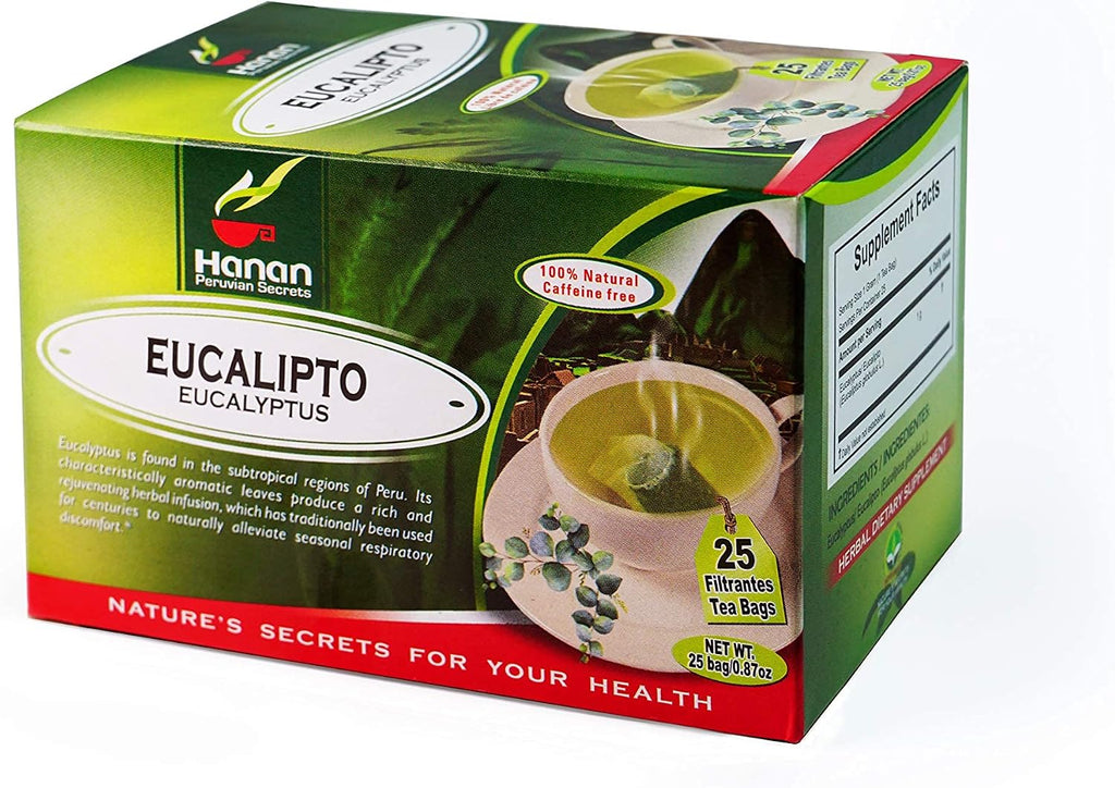 Hanan Peruvian Secrets Eucalyptus Herbal Tea | 100% Natural Eucalyptus Leaves | 25 Tea Bags | Naturally Aids in Alleviating Seasonal Respiratory Discomfort