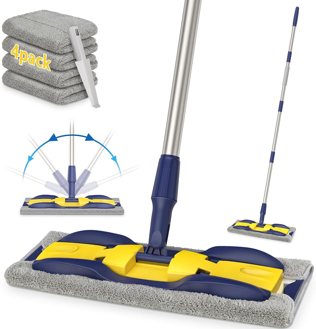 Microfiber Mops for Hardwood Floor Cleaning: MEXERRIS Flat Floor Mop with 4 Washable Pads 59" Adjustable Handle - Dust Dry Mops for Kitchen Bathroom Tile Laminate Wood Vinyl - Home Commercial Mop