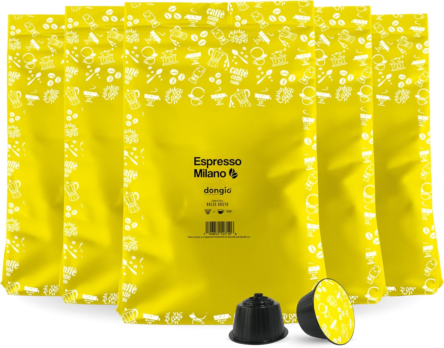 Dongiò Caffè Espresso Milano, Capsules Compatible with Nescafe Dolce Gusto system, 100 Count of Single-Serve Coffee pods (5 Boxes of 20 capsules each) Med-Light Roast | Intensity 6/10
