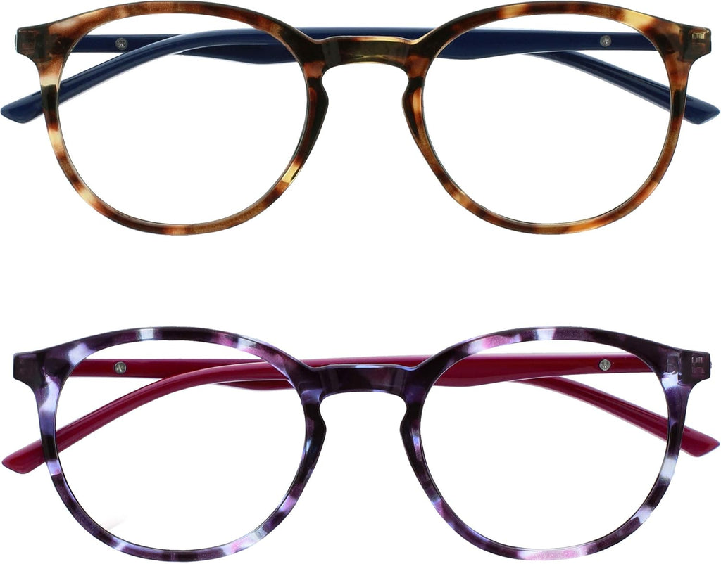 OPULIZE MET Blue Light Blocking Reading Glasses for Women Men, Slim Round Frame with Scratch Resistant and Spring Hinges, Computer Glasses with Anti-Reflective, Brown,Purple +3 (Pack of 2)
