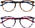 OPULIZE MET Blue Light Blocking Glasses for Women Men, Slim Round Frame with Spring Hinges and Scratch Resistant, Computer Glasses with Anti-Reflective, Brown,Purple, (Pack of 2)