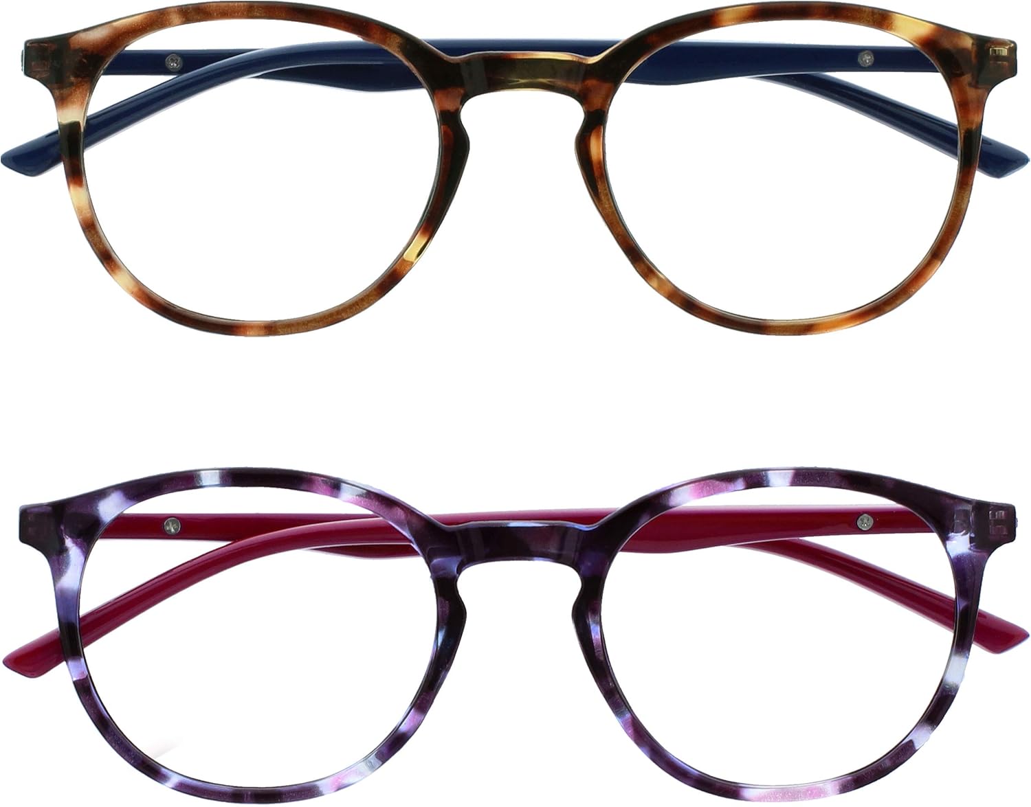 OPULIZE MET Blue Light Blocking Reading Glasses for Women Men, Slim Round Frame with Scratch Resistant and Spring Hinges, Computer Glasses with Anti-Reflective, Brown,Purple +1.5 (Pack of 2)