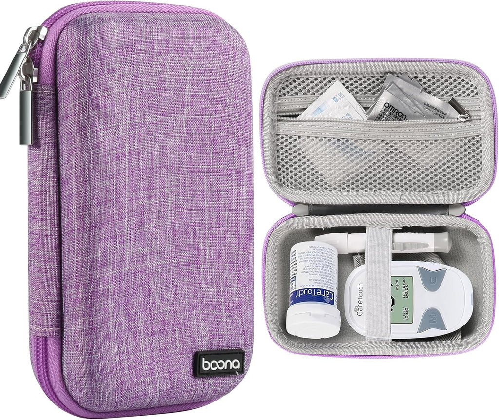 Diabetes Travel Case EVA Hard Shell Diabetic Supplies Bag Organizer for Blood Sugar Testing Kit, Glucose Monitor Kit with Meter, Glucose Test Strips, Lancets, Lancing Device, Alcohol Wipe (Purple)