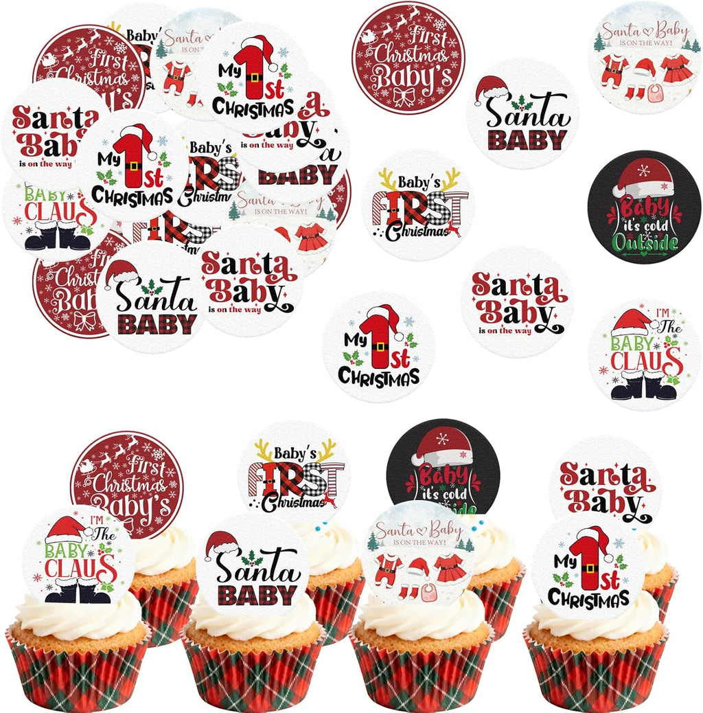 36PCS Edible My 1st Christmas Cupcake Toppers Wafer Paper Santa Baby Cupcake Toppers Christmas Cake Picks for Xmas Theme Party Baby Shower Birthday Supplies