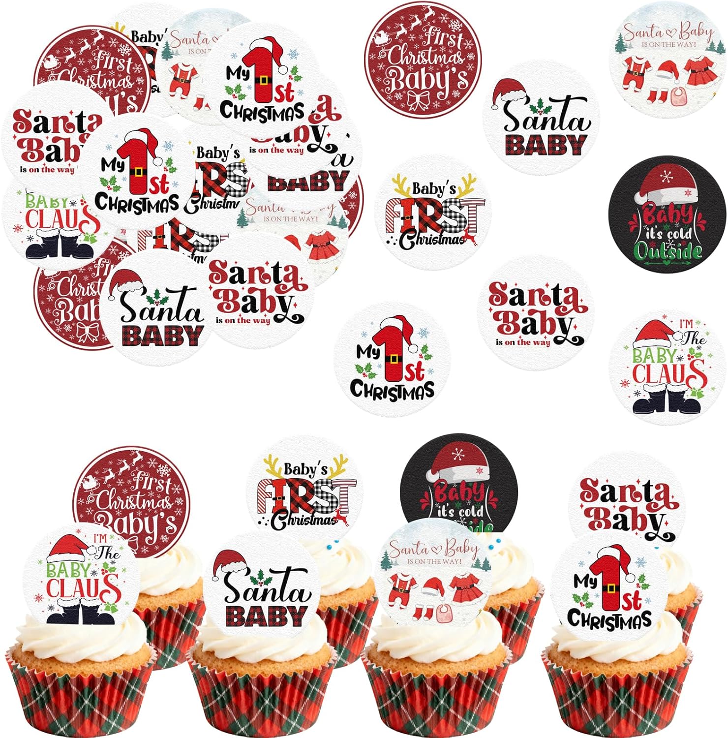 36PCS Edible My 1st Christmas Cupcake Toppers Wafer Paper Santa Baby Cupcake Toppers Christmas Cake Picks for Xmas Theme Party Baby Shower Birthday Supplies