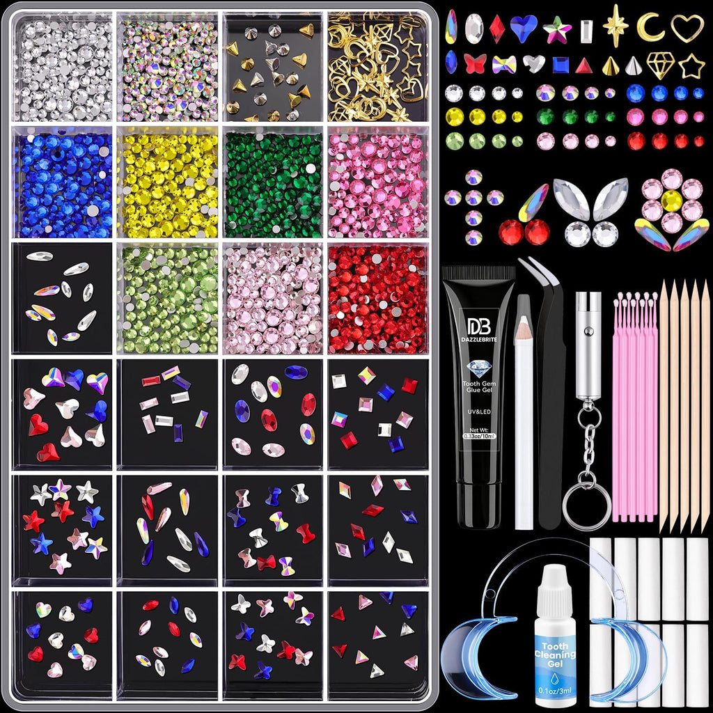DAZZLEBRITE Tooth Gem Kit, 24 Grids Bedazzling Gems Kit, Beginners Starter Crystals Teeth Gem Jewelry for Women Men with Pickup Tools