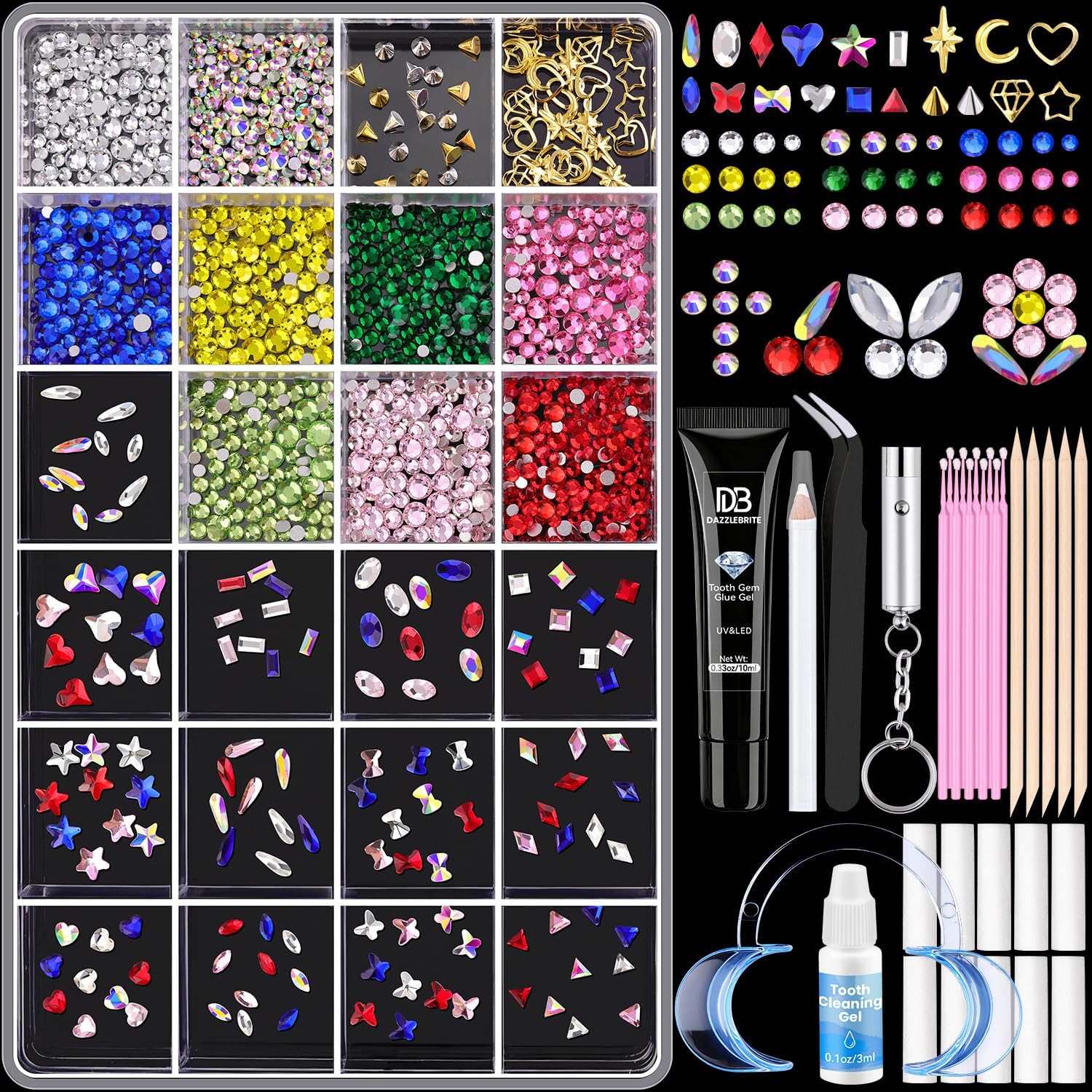DAZZLEBRITE Tooth Gem Kit, 24 Grids Bedazzling Gems Kit, Beginners Starter Crystals Teeth Gem Jewelry for Women Men with Pickup Tools