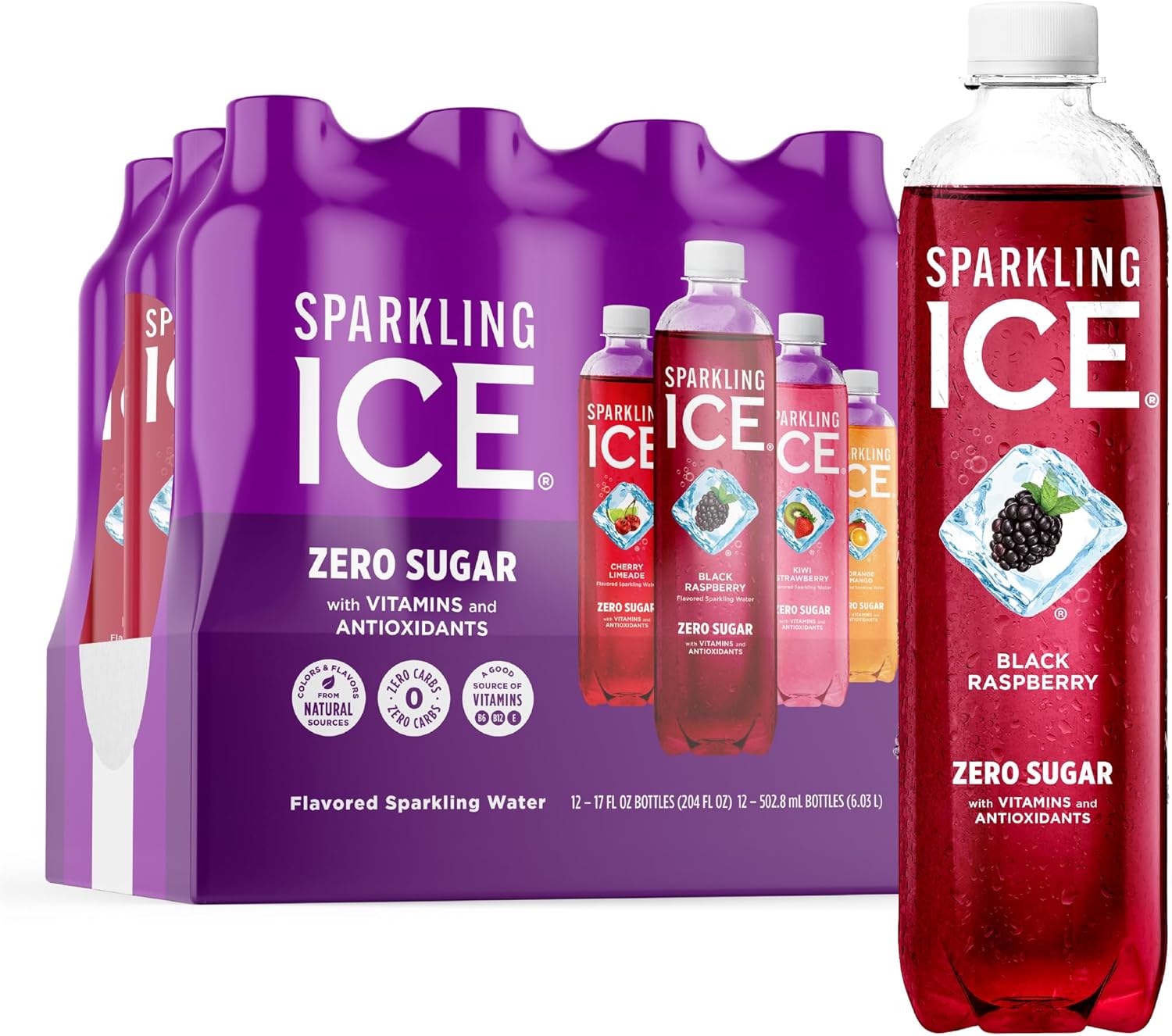 Sparkling Ice Purple Variety Pack, Flavored Water, Zero Sugar, with Vitamins and Antioxidants, 17 fl oz, 12 count (Black Raspberry, Cherry Limeade, Orange Mango, Kiwi Strawberry)