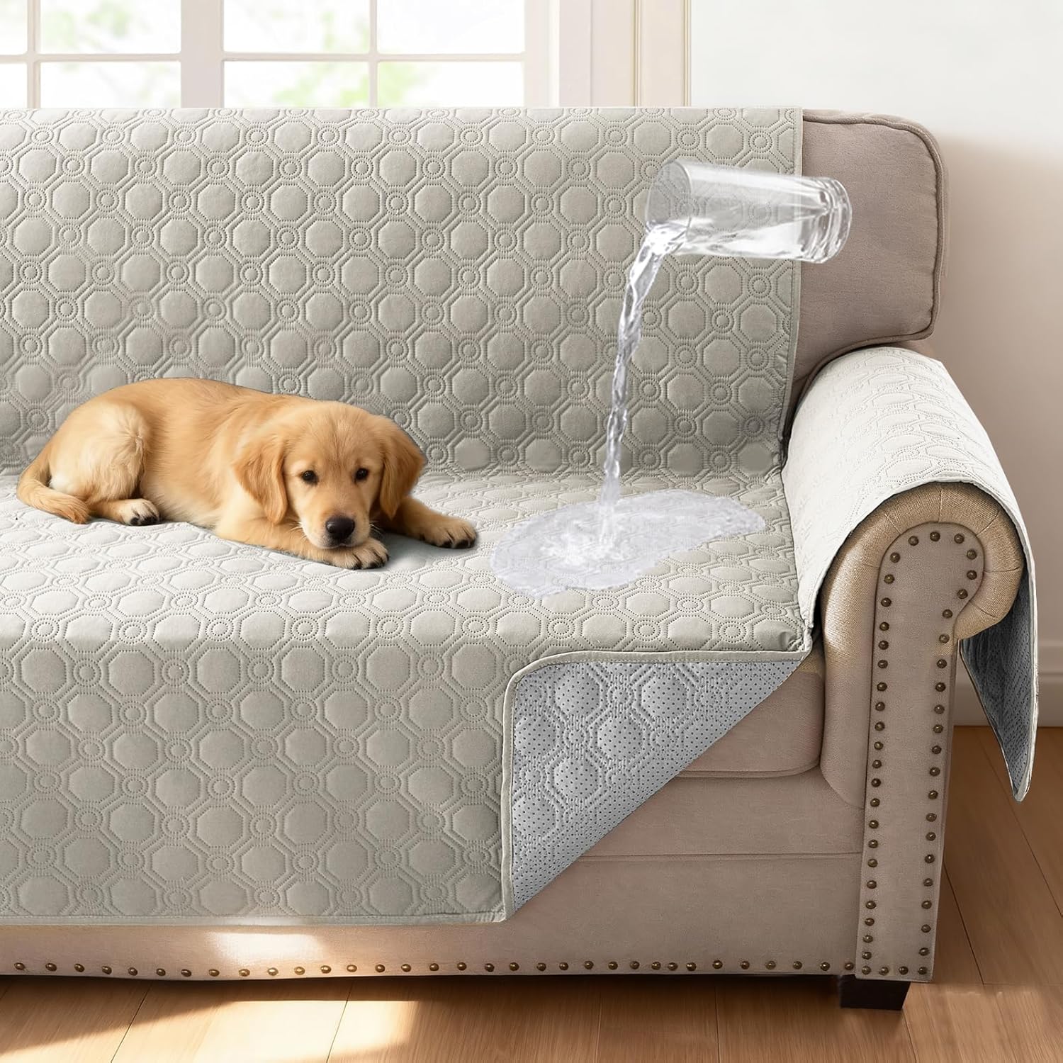 H.VERSAILTEX 100% Waterproof Couch Covers for Sofa Triple Non-Slip Sofa Slipcovers with Storage Pocket Thick Soft Sofa Covers for Pets Washable(XL Sofa, French Oak)