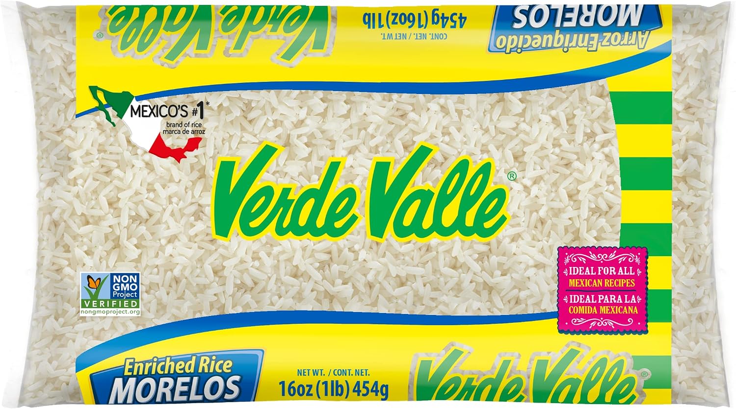Verde Valle Morelos Long Grain White Rice Bag 1lb (1 pack), Enriched Long Grain Mexican Rice, Dry Arroz Pantry Staple for Sides and Meals, Non Perishable Food