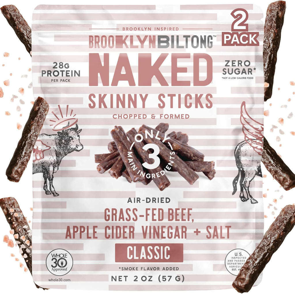 Brooklyn Biltong Naked Skinny Sticks (Naked 2 oz, Pack of 2) - Grass-Fed Biltong Beef Jerky Meat Stick - 14g High Protein Snacks - Premium Air Dried, Paleo, Keto, Gluten Free, Sugar Free - Made in USA