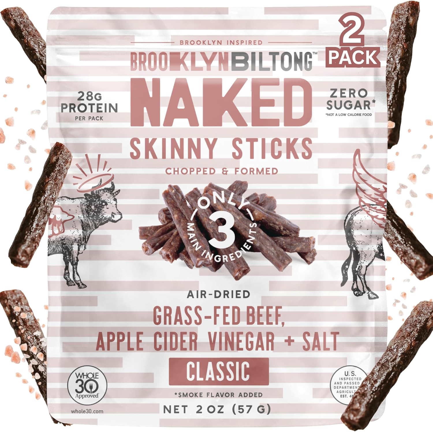 Brooklyn Biltong Naked Skinny Sticks (Naked 2 oz, Pack of 2) - Grass-Fed Biltong Beef Jerky Meat Stick - 14g High Protein Snacks - Premium Air Dried, Paleo, Keto, Gluten Free, Sugar Free - Made in USA