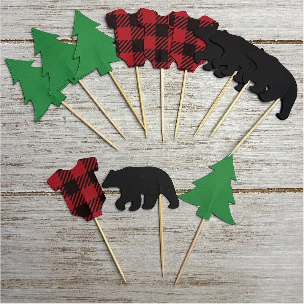 Woodland Cupcake Toppers Food Picks - Set of 24 - Bears, Trees and Buffalo Plaid Jumpsuits - Lumberjack Birthday Baby Shower Decorations