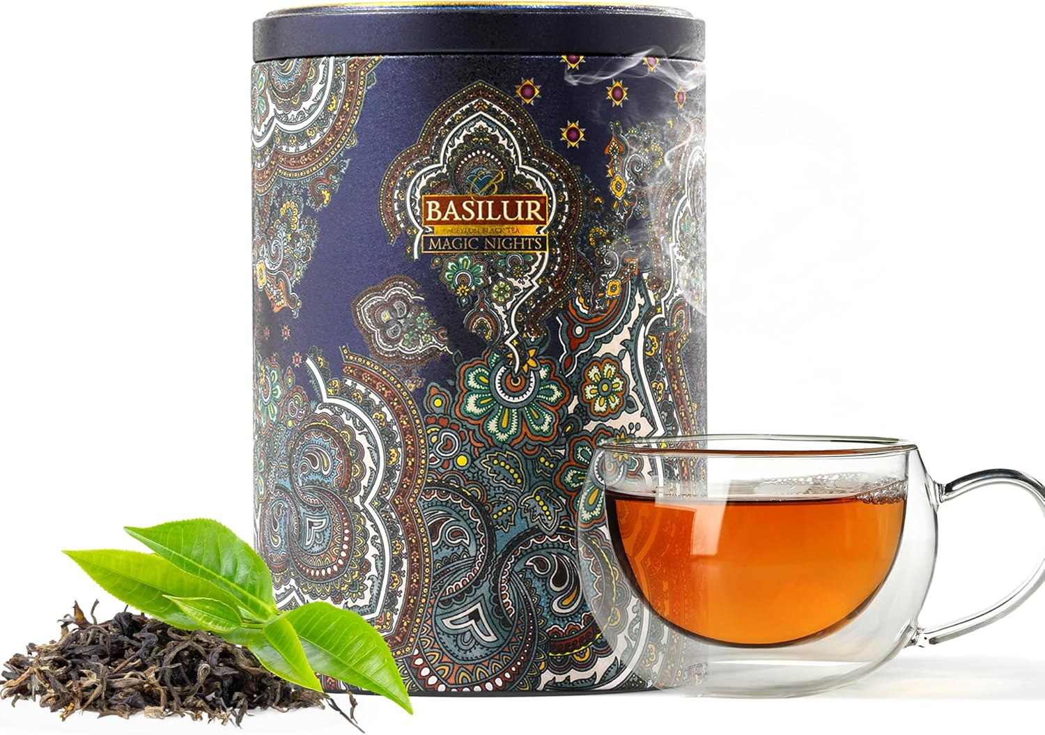 Basilur Magic Nights Oriental Collection - 100% Pure Ceylon Black Tea with Fruit & Herb Infusion, 100g Loose Leaf in Luxurious Tin Caddy, Freshly Housed within a Resealable Zip Pouch, Standard