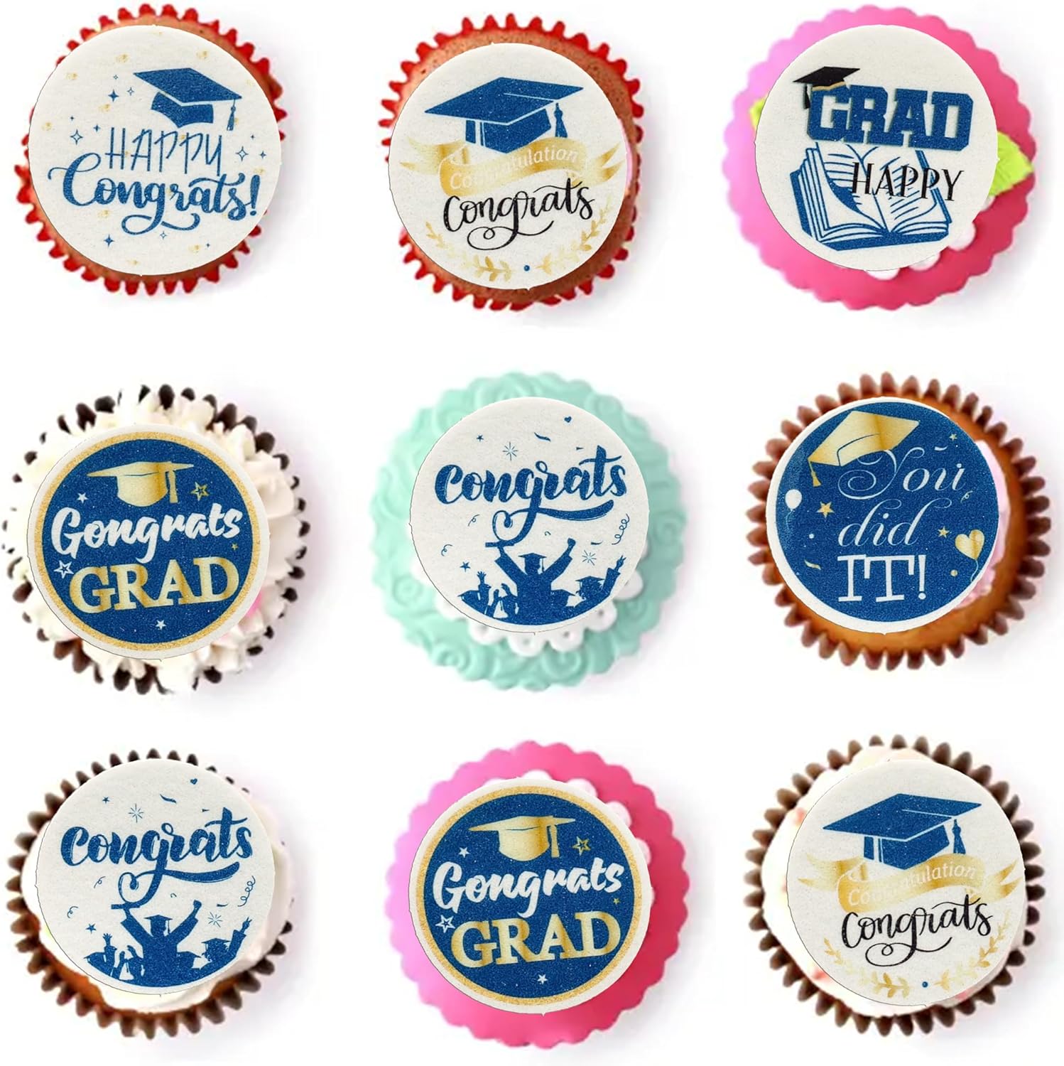 Ephlyn 54Pcs Edible 2026 Graduation Cupcake Toppers Wafer Paper Grad Cap Cupcake Picks Diploma Done Congrats Grad Cake Decorations for Class of 2026 Graduation Party Supplies Blue