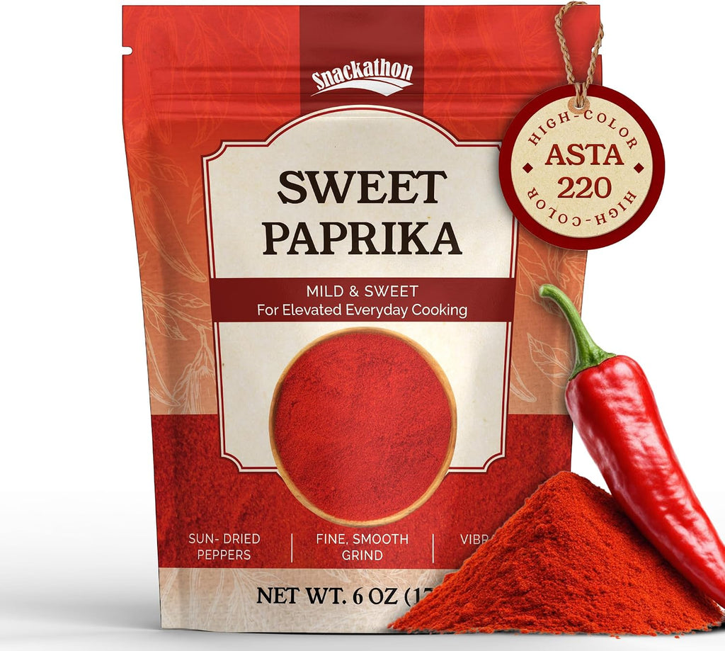 Snackathon Sweet Paprika Powder, 6 OZ Resealable Bag, High Color ASTA 220, Vibrant Red, Mild & Sweet, 100% Pure All-Natural, Fine & Smooth Gourmet Spice
