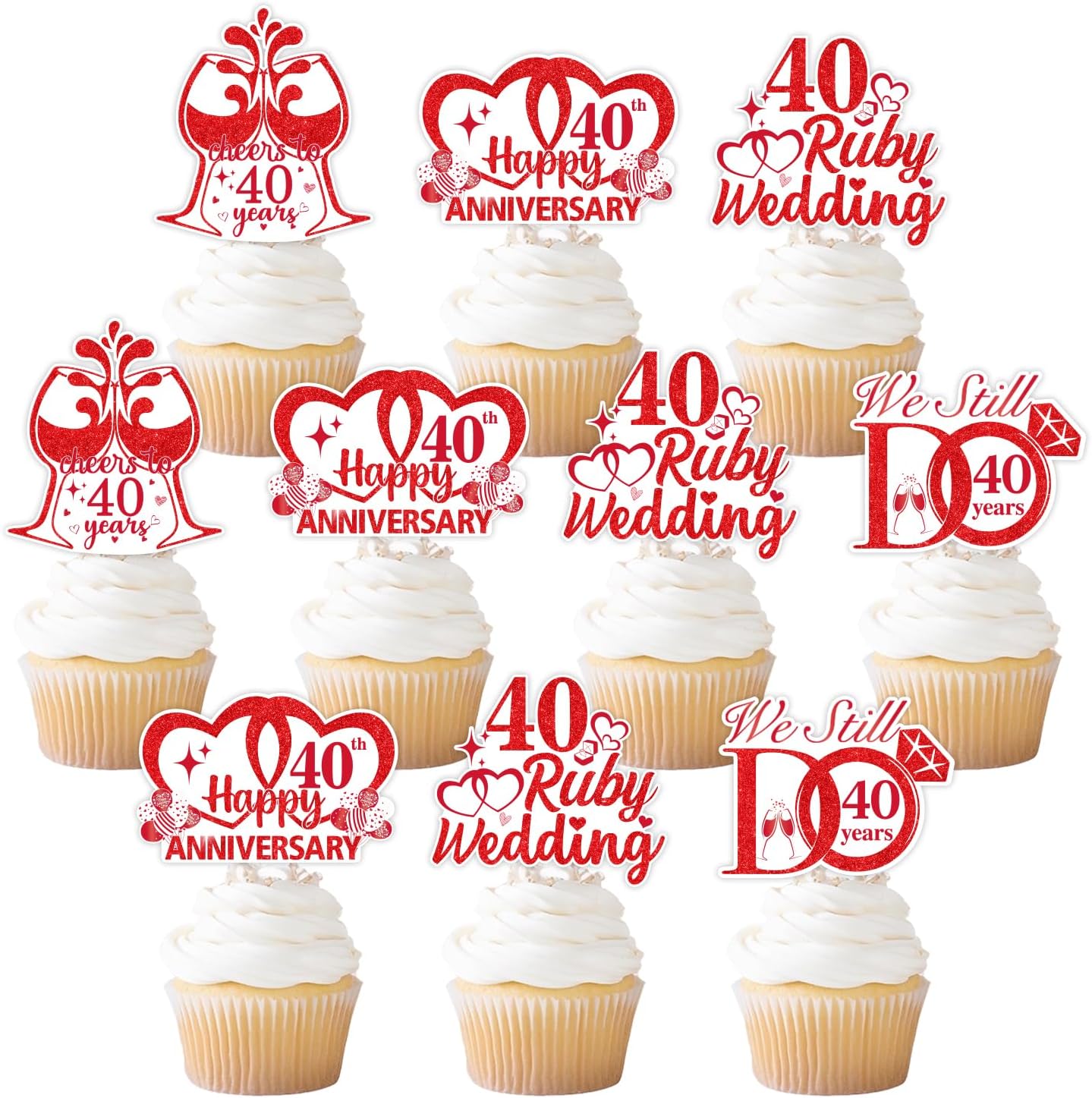 36 PCS 40th Anniversary Cupcake Toppers 40th Ruby Wedding Anniversary Cupcake Picks Double-Sided Printing Cheers to 40 Years We Still Do 40 Years Cake Decoration Anniversary Supplies