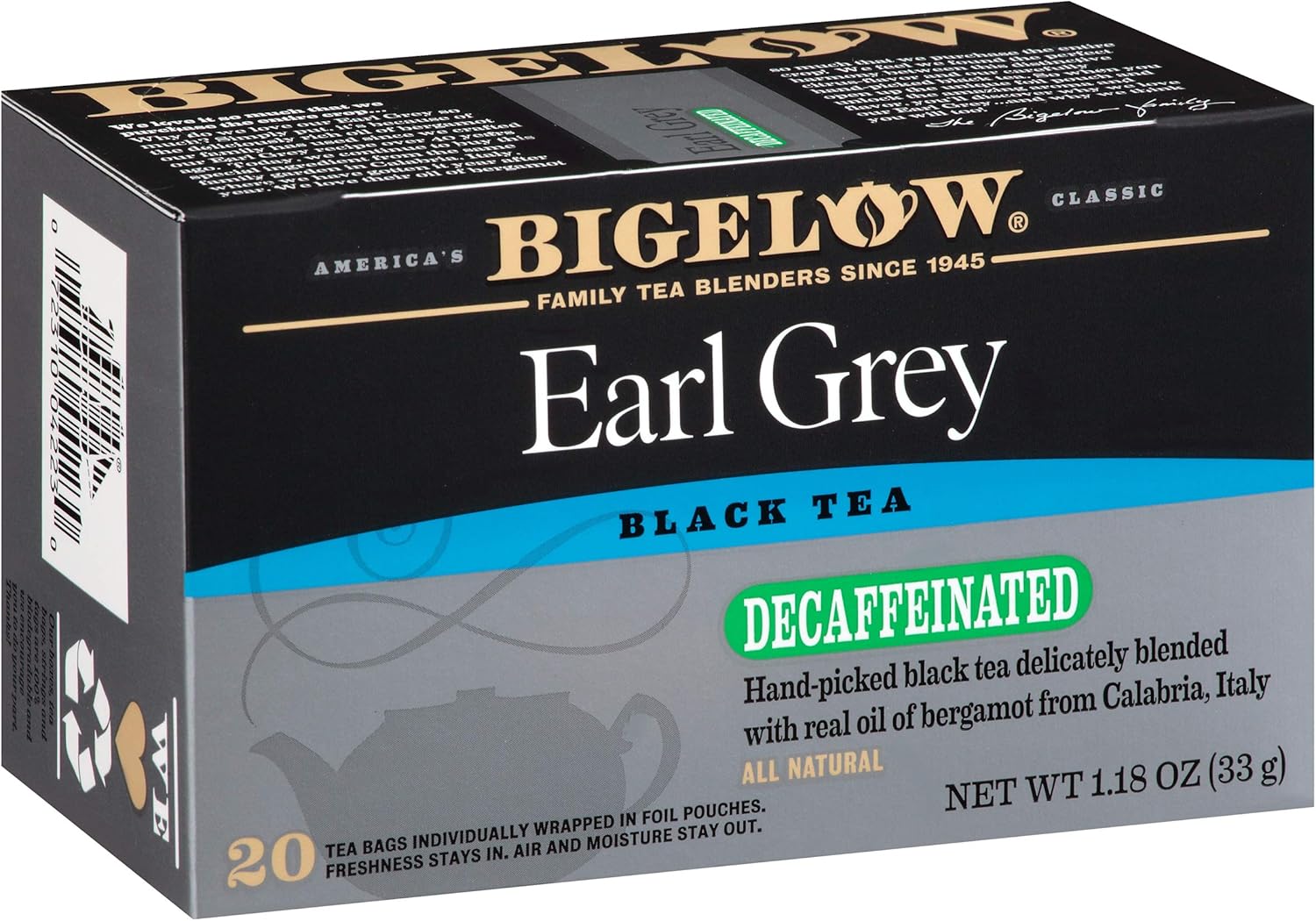Bigelow Tea Decaffeinated Earl Grey Black Tea, Decaf Tea, 20 Count Box (Pack of 6), 120 Total Tea Bags