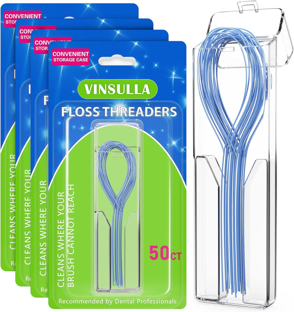 200 Count Floss Threaders for Braces, Bridges, and Implants (4 Packs of 50) - Flexible Nylon Threading Loops - Slim & Durable Dental Floss Helpers for Crowns & Orthodontic Appliances