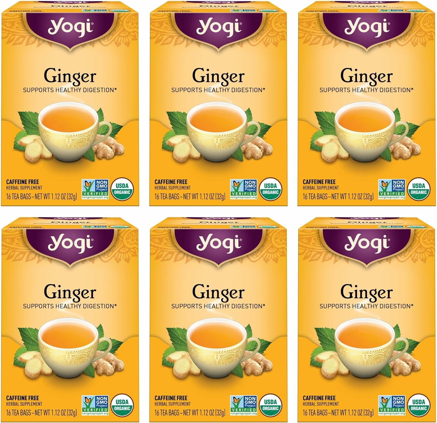 Yogi Tea - Ginger Tea (6 Pack) - Supports Healthy Digestion - Soothing and Spicy Blend - Caffeine Free - 96 Organic Herbal Tea Bags
