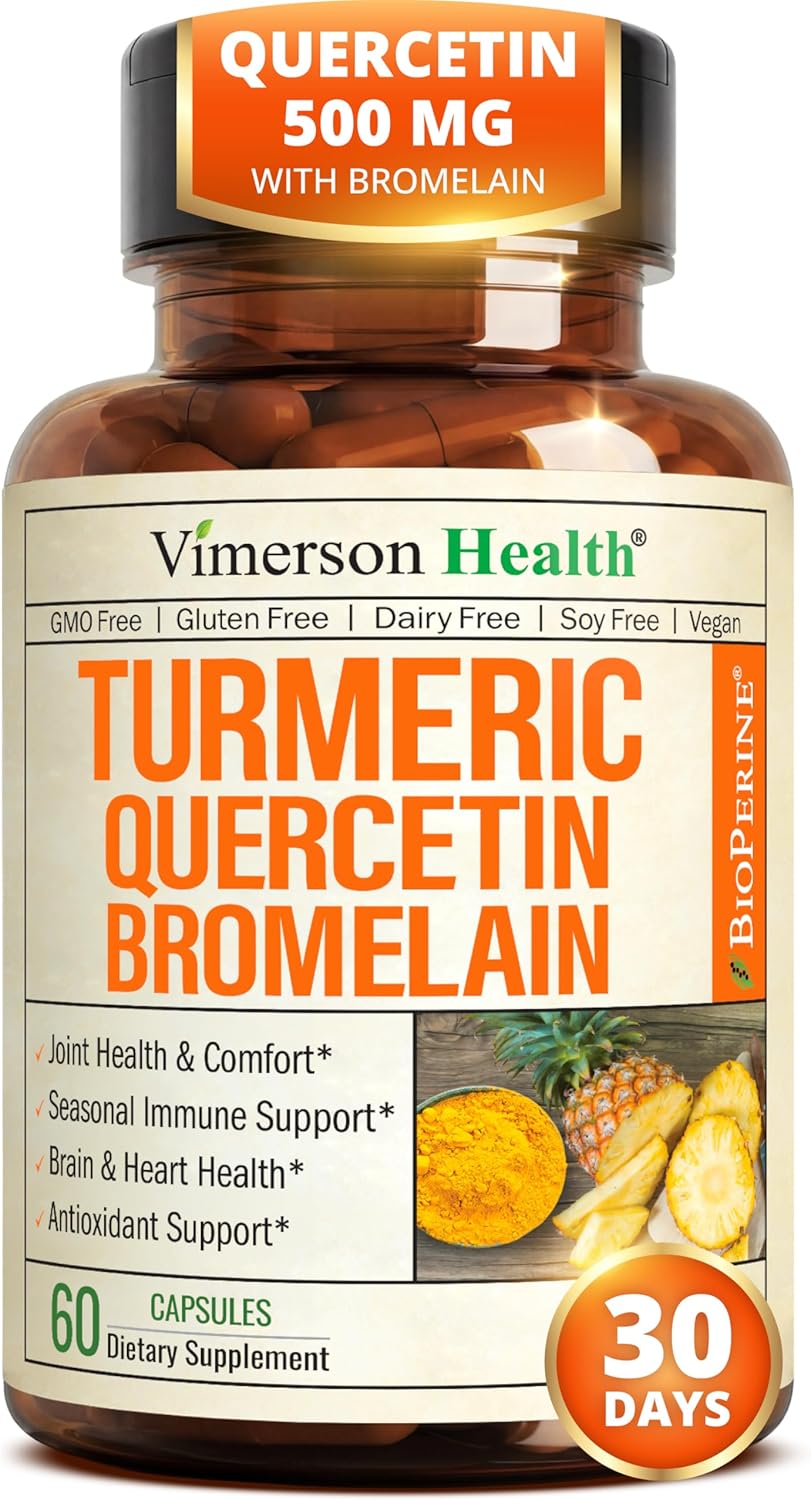Quercetin with Bromelain Turmeric Curcumin Supplement – Allergy Relief, Immune & Joint Support – Organic Turmeric Supplement w/Bioperine for Enhanced Absorption, 60 Quercetin 500mg Capsules