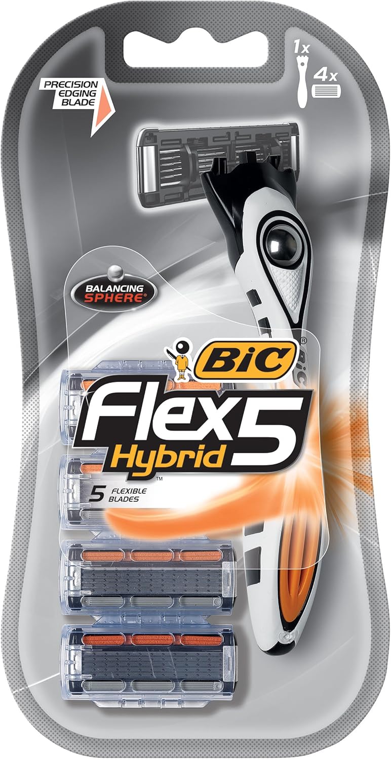 BIC Flex 5 Hybrid Men's 5-Blade Disposable Razor, 1 Handle and 4 Cartridges