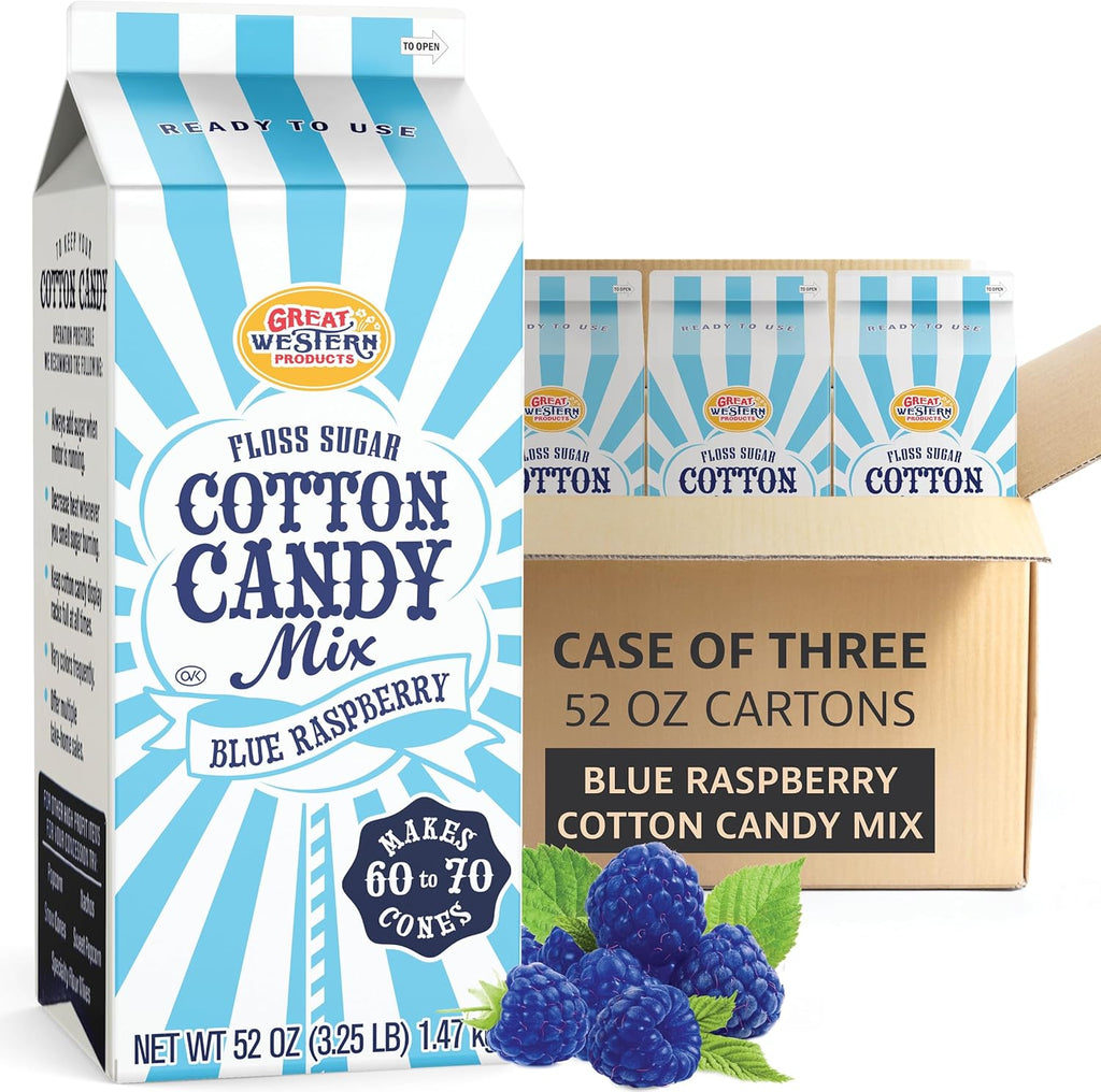 Premium America Blue Raspberry Cotton Candy Floss Sugar Carnival-Style Fluffy Fun, Pre-Mixed & Ready to Use for Parties, Events & Festivals 3.25 lb Cartons Case of 3