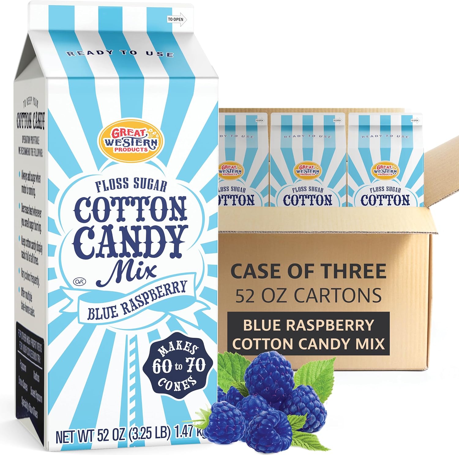 Premium America Blue Raspberry Cotton Candy Floss Sugar Carnival-Style Fluffy Fun, Pre-Mixed & Ready to Use for Parties, Events & Festivals 3.25 lb Cartons Case of 3