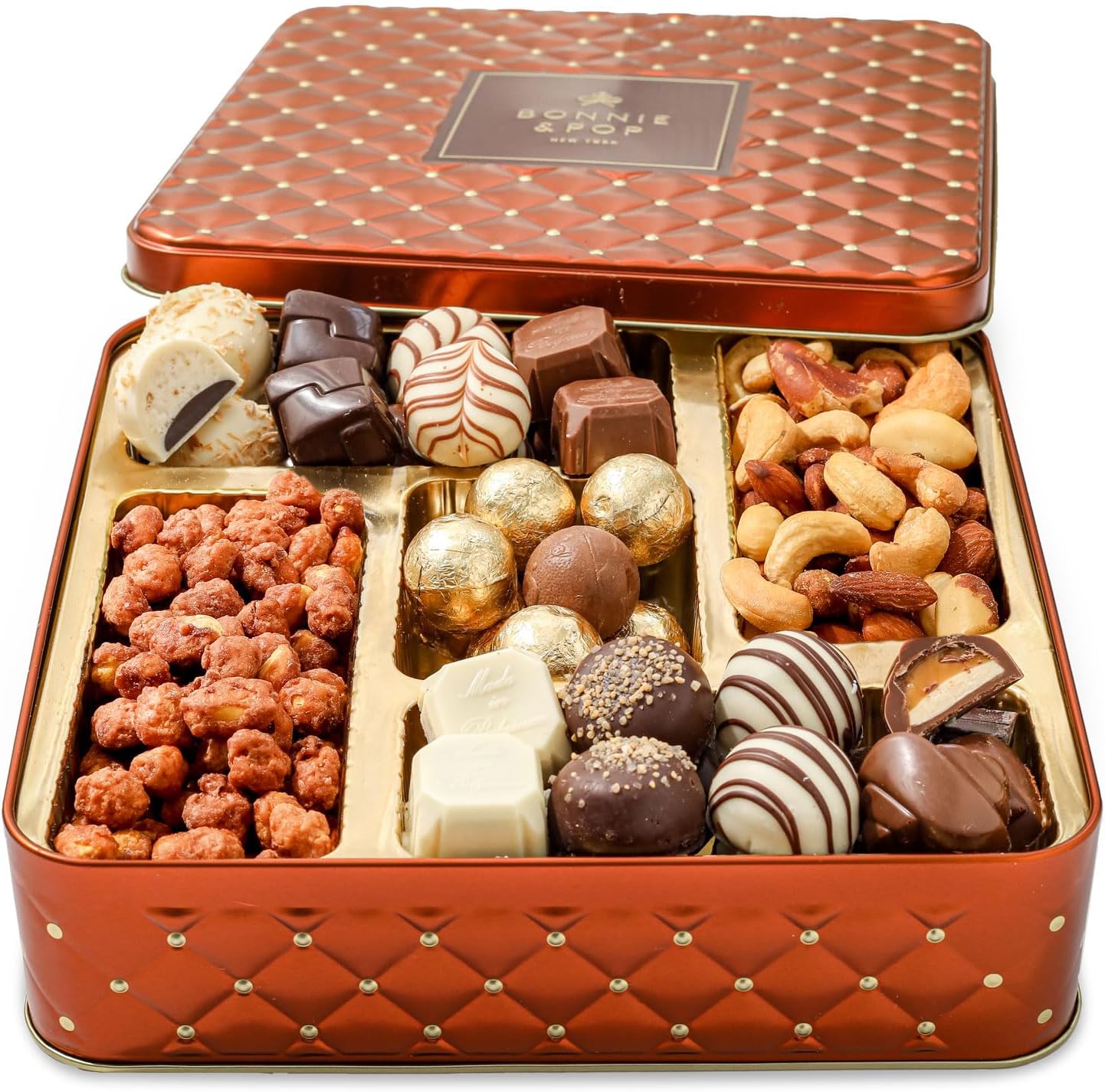 Gourmet Chocolate & Nut Gift Basket – Assorted Individually Wrapped Chocolates, Truffles, Cashews, Peanuts & Salty Nut Mix – Keepsake Gift Tin for Easter, Birthdays, Corporate, Family & Holiday Gifting- Bonnie and Pop