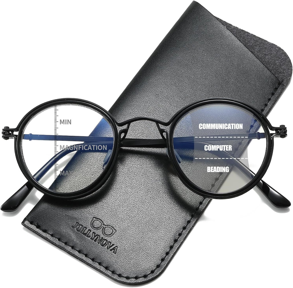 JOLLYNOVA Retro Multifocal Reading Glasses for Women Men, Metal Round Blue Light Computer Readers (Black & Progressive（Top is 0）, 2.5, x)