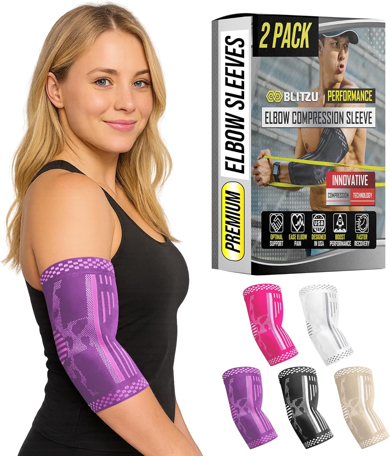 BLITZU Elbow Compression Sleeve for Tendonitis 2 Pack, Tennis Elbow Brace Support for Men and Women Golfers Elbow Pain Relief, Arthritis, Bursitis, Arm Brace for Workout, Weightlifting Purple M