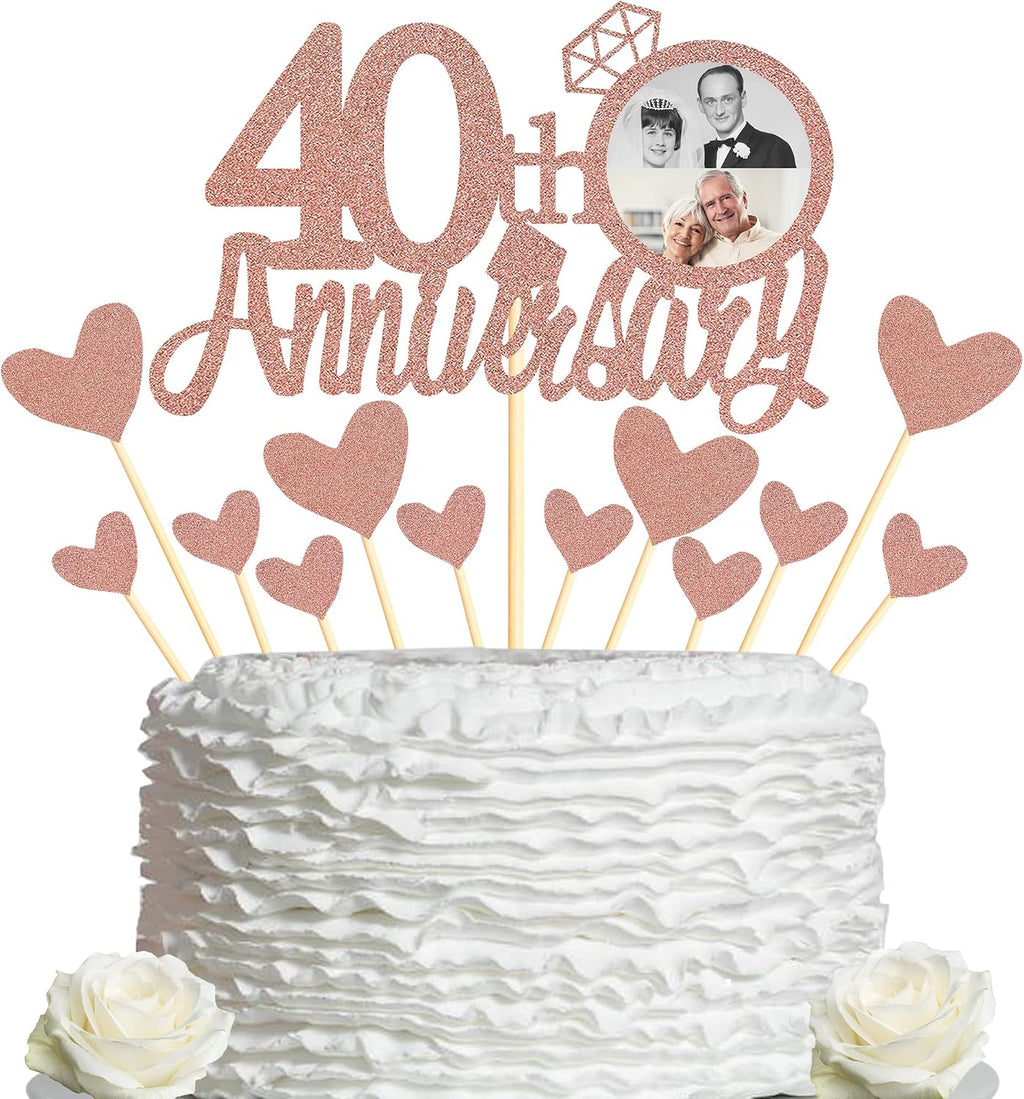 Sumerk 40th Anniversary Cake Topper,13PCS Rose Gold Glitter Cake Toppers Cake Decorations Set for 40th Wedding Anniversary Celebration Party