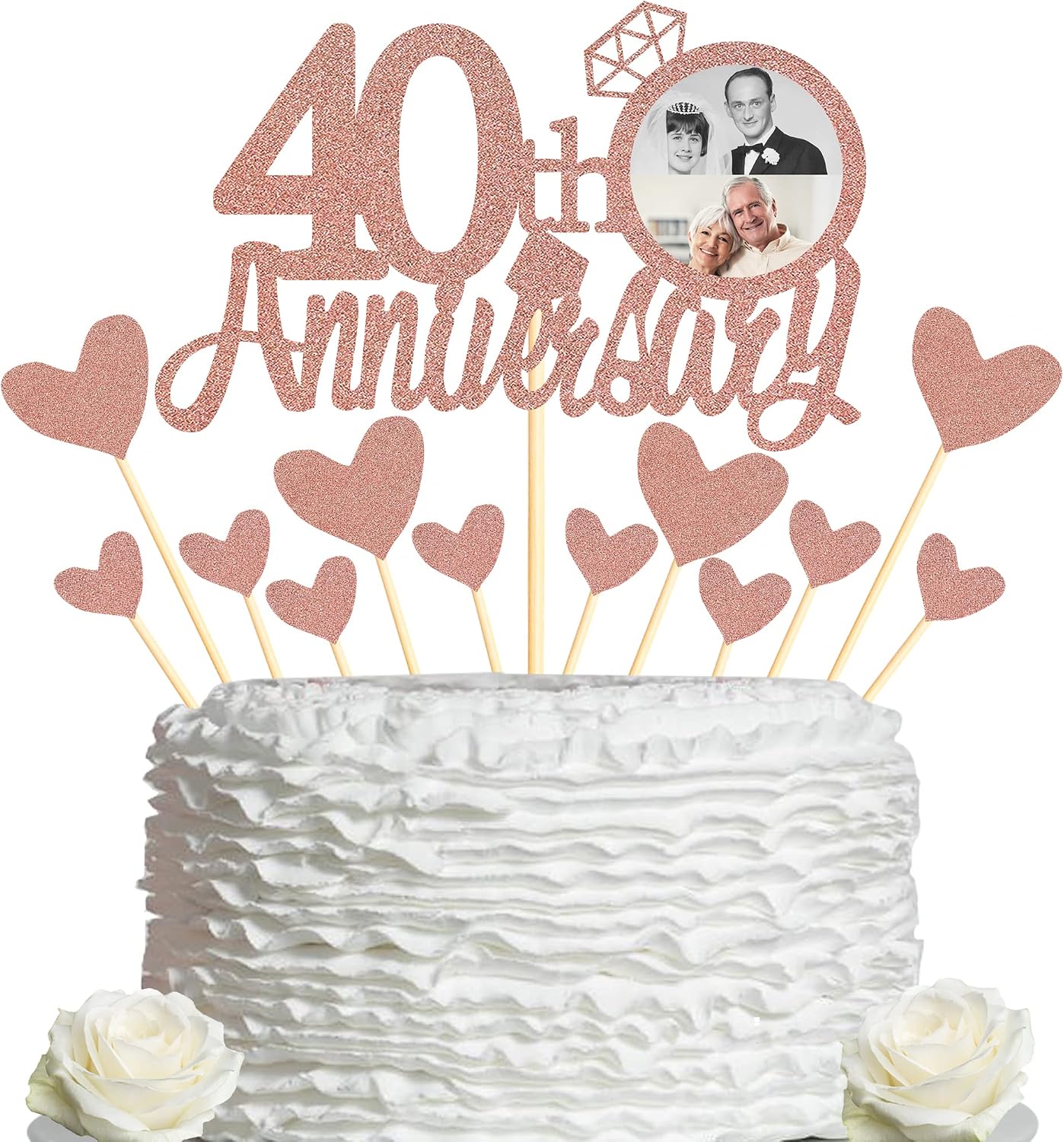 Sumerk 40th Anniversary Cake Topper,13PCS Rose Gold Glitter Cake Toppers Cake Decorations Set for 40th Wedding Anniversary Celebration Party