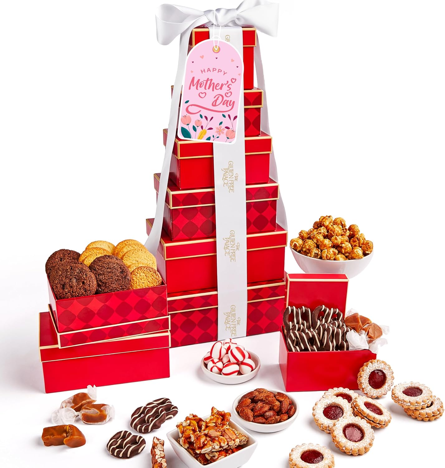 Gluten Free Palace Gift Basket Tower – Premium Festive Mother's Day Gift Tower – 6‑Tier Gourmet Dessert Gluten Free Cookie Tower for Mom – Gift Basket for Adults, Colleagues, Friends & Family