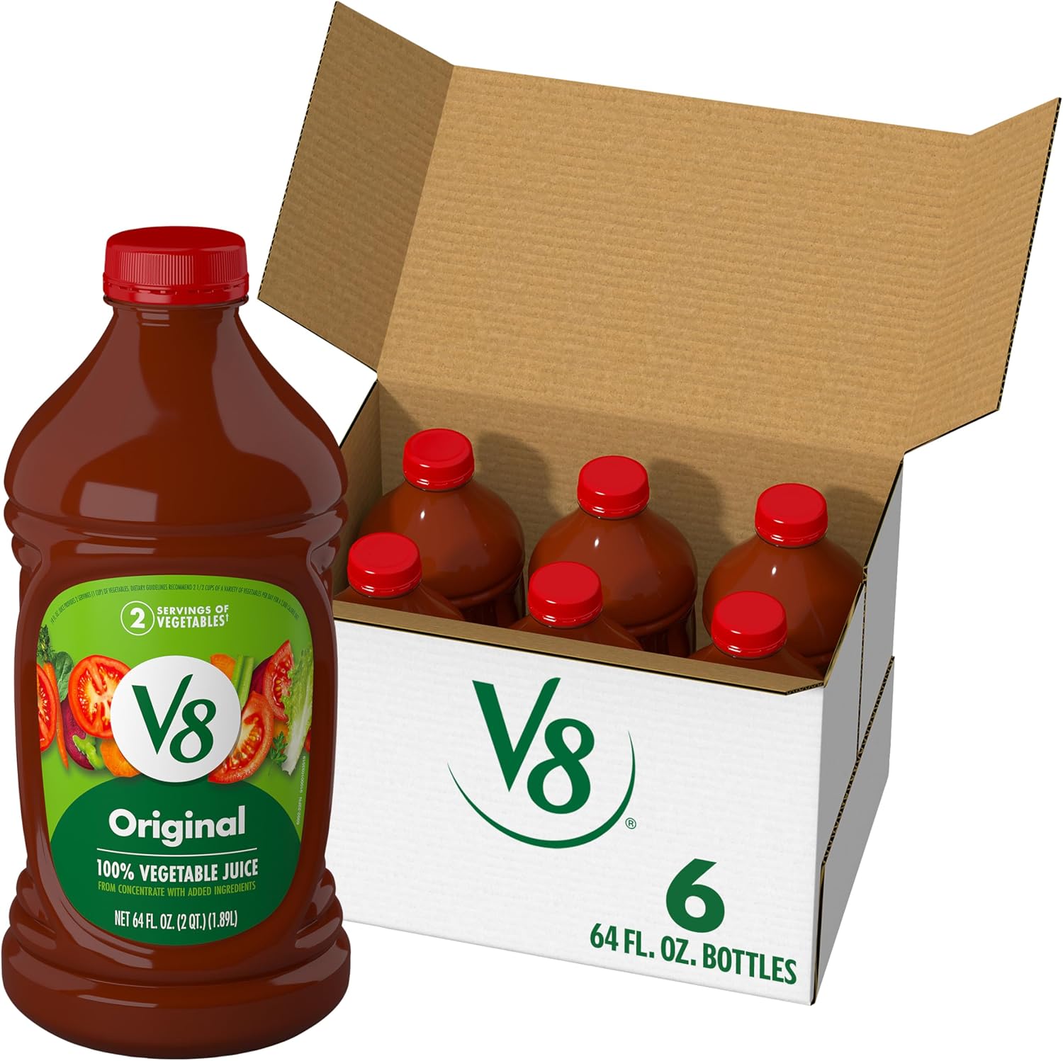 V8 Original 100% Vegetable Juice, Vegetable Blend with Tomato Juice, 64 Ounce Bottle (Pack of 6)