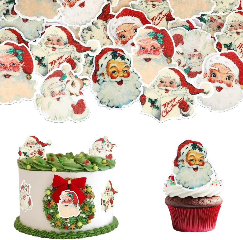 Rsstarxi 60 Pack Edible Santa Claus Cupcake Toppers Wafer Paper Santa Claus Merry Christmas Cake Decorations for Celebrating Merry Christmas Theme New Year Holiday Party Decorations Supplies