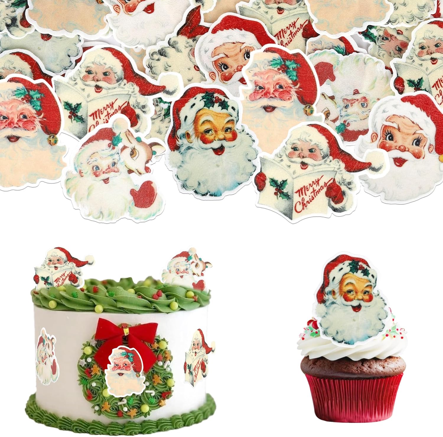 Rsstarxi 60 Pack Edible Santa Claus Cupcake Toppers Wafer Paper Santa Claus Merry Christmas Cake Decorations for Celebrating Merry Christmas Theme New Year Holiday Party Decorations Supplies