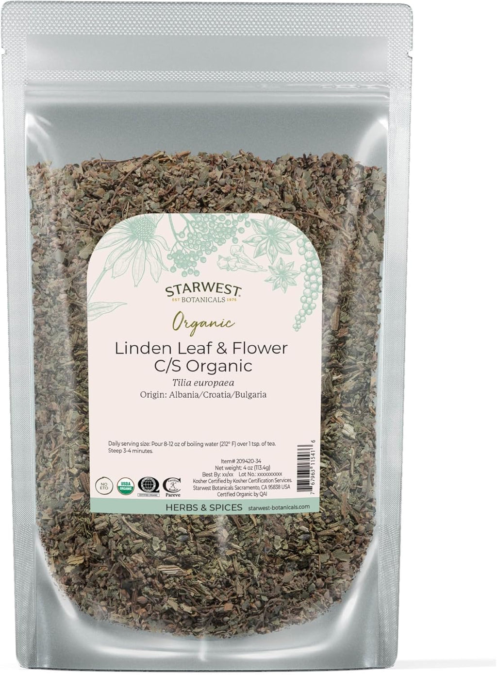 Starwest Botanicals Organic Linden Leaf & Flowers - Dried Loose Leaf Herb for Tea, Syrup, & Herbal Blends, Pure & Natural Linden, Caffeine Free, Cut & Sifted, Certified Kosher, Non-GMO - 4 oz Pouch