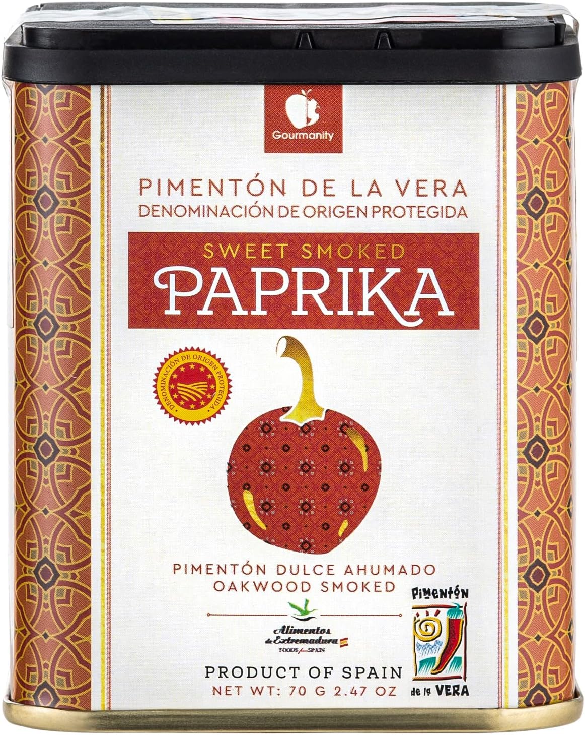 Gourmanity Spanish Sweet Smoked Paprika Powder Tin, Premium Oak Wood Smoked Seasoning for Adding Depth, Flavor and Color to Your Dishes, Kosher, Gluten Free, Pimenton Dulce Ahumado, 2.5 oz