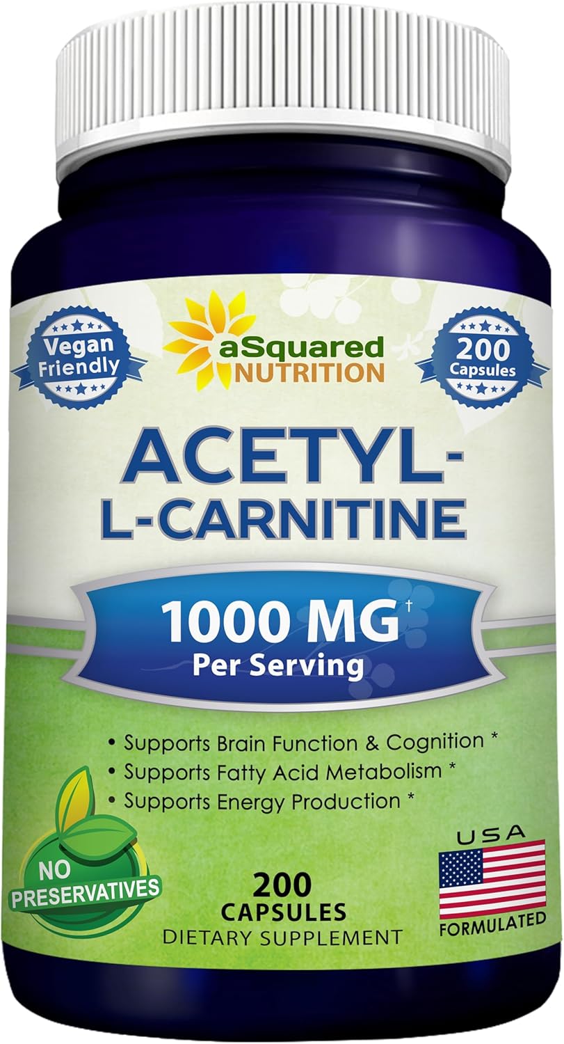 aSquared Nutrition Acetyl L-Carnitine 1000mg Per Serving Max Strength - 200 Veggie Capsules - High Dosage Acetyl L Carnitine HCL (ALCAR) Supplement Pills to Support Pure Energy, Brain Function