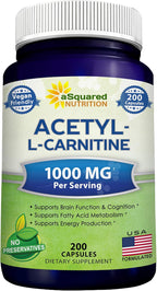 aSquared Nutrition Acetyl L-Carnitine 1000mg Per Serving Max Strength - 200 Veggie Capsules - High Dosage Acetyl L Carnitine HCL (ALCAR) Supplement Pills to Support Pure Energy, Brain Function