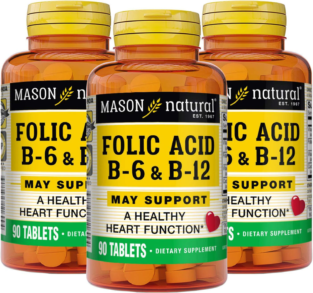 MASON NATURAL Heart Formula B6/B12/Folic Acid Tablets, Dietary Supplement Supports Cardiovascular Health, Red Blood Cell Formation, Metabolic Function, 90 Count (Pack of 3)