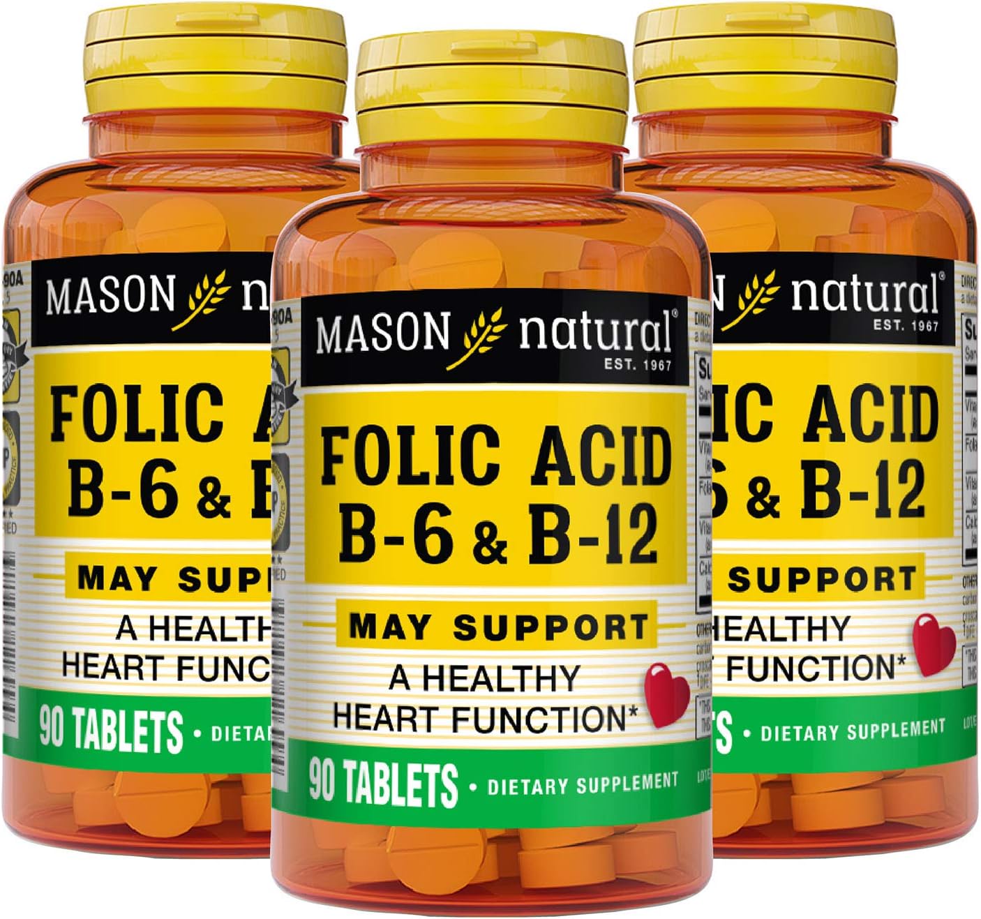 MASON NATURAL Heart Formula B6/B12/Folic Acid Tablets, Dietary Supplement Supports Cardiovascular Health, Red Blood Cell Formation, Metabolic Function, 90 Count (Pack of 3)