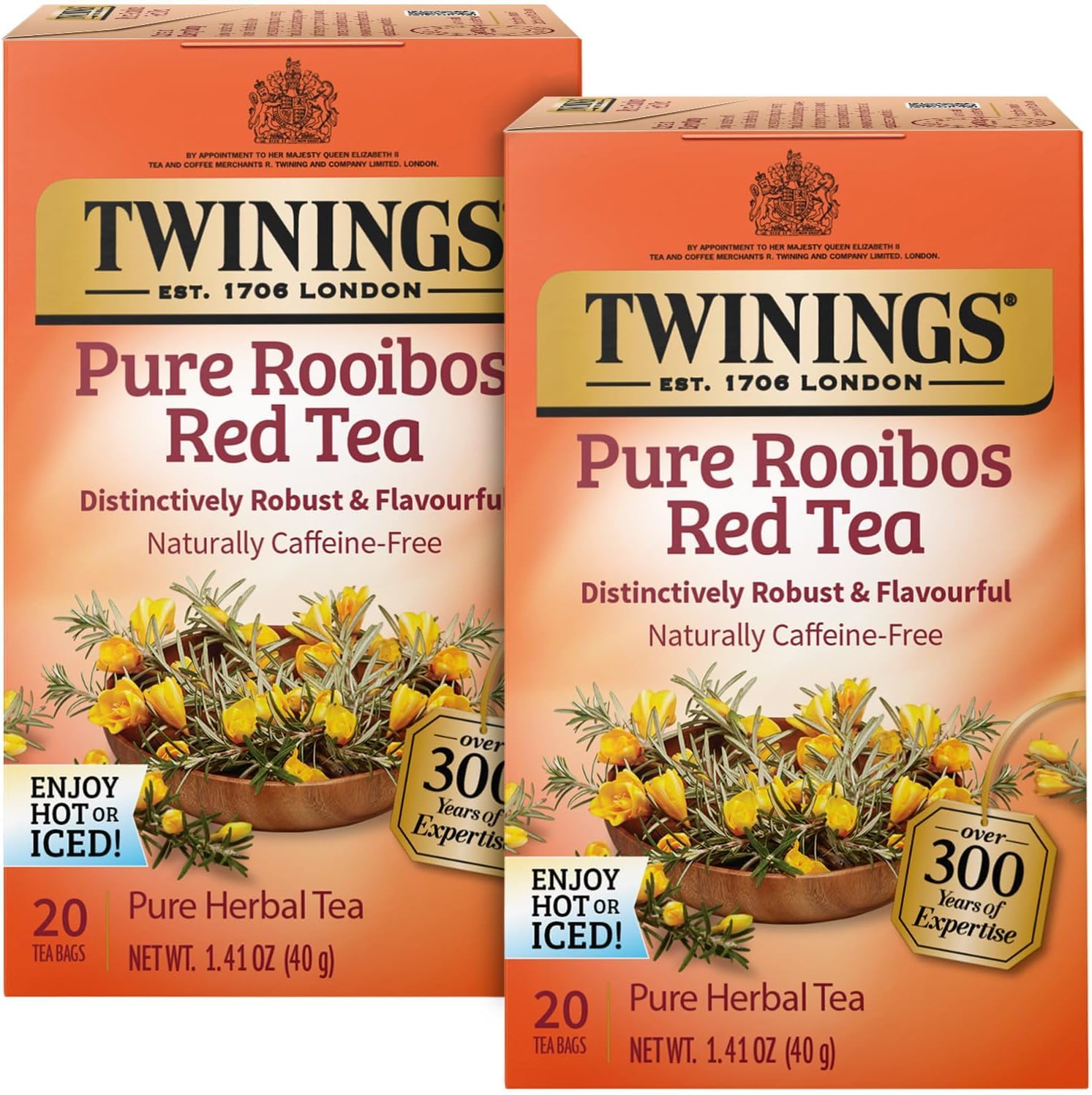 Twinings Pure Rooibos Red Tea - A Naturally Sweet and Tangy Red Tea, Caffeine-Free Herbal Tea Bags, Individually Wrapped, 20 Count (Pack of 2)